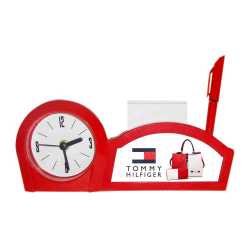 Red Color Pen Stand Table Clock