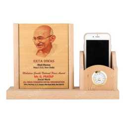 Wooden Table Top Pen Holder with Clock  