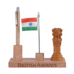 Wooden Table Top Pen Holder with National Flag and Ashoka Emblem
