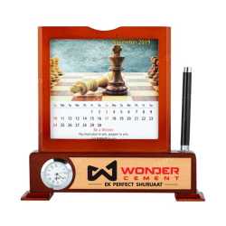 Wooden Table Top Pen Holder with Clock and Calendar